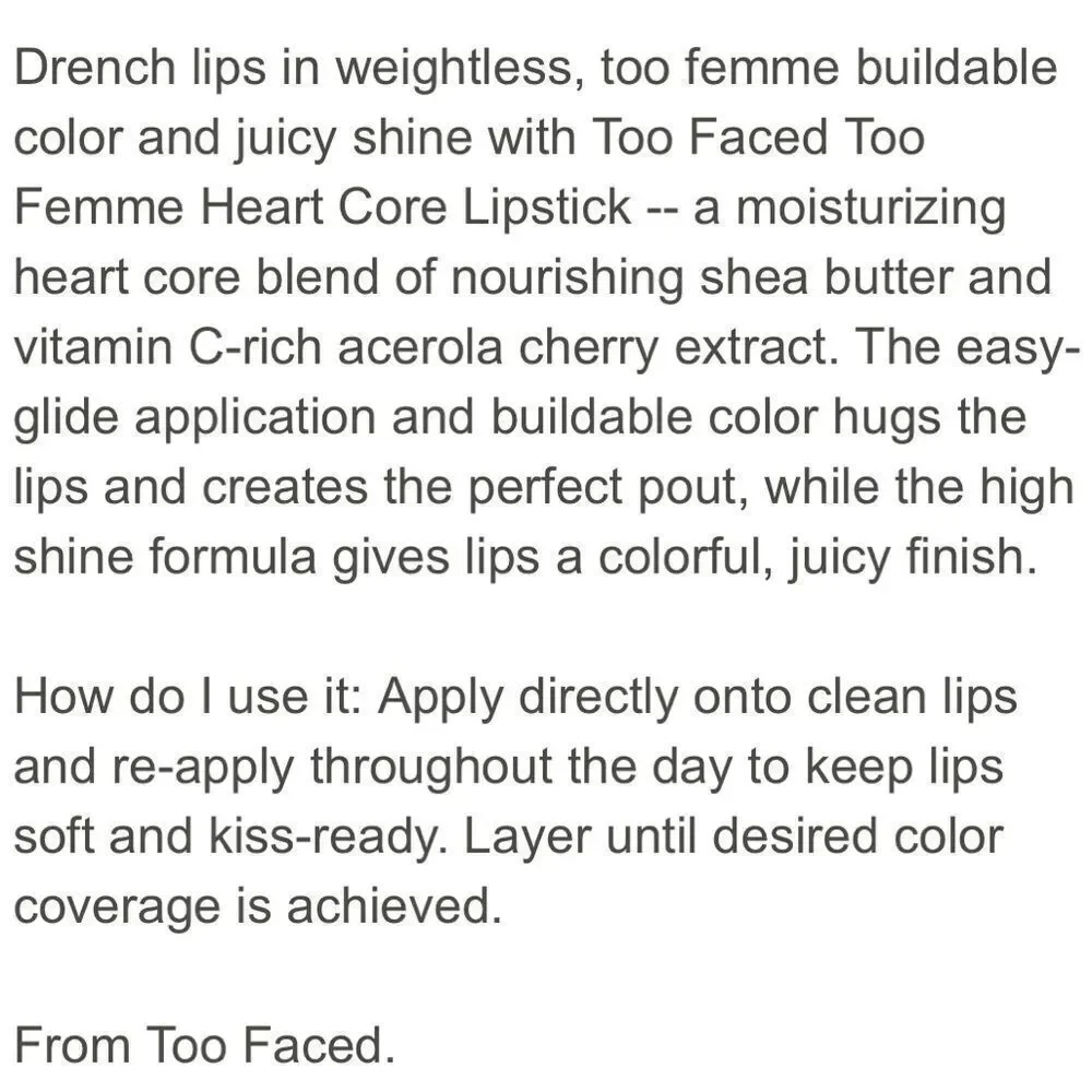 🌻 TOO FACED NOTHING COMPARES TO YOU TOO FEMME HEART CORE LIPSTICK NEW FULLSZ